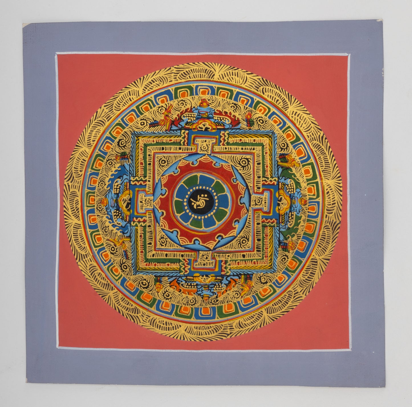 Handgemaltes Kalachakra-Mandala aus Nepal 20 x 20 cmauf handgemachter Canvas Leinwand, Lotusblüte mit einem Om Zeichen in der Mitte, orangener Hintergrund