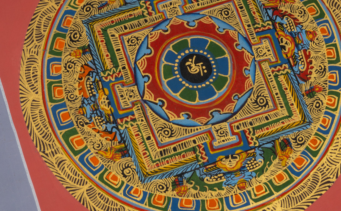 Handgemaltes Kalachakra-Mandala aus Nepal 20 x 20 cmauf handgemachter Canvas Leinwand, Lotusblüte mit einem Om Zeichen in der Mitte, orangener Hintergrund