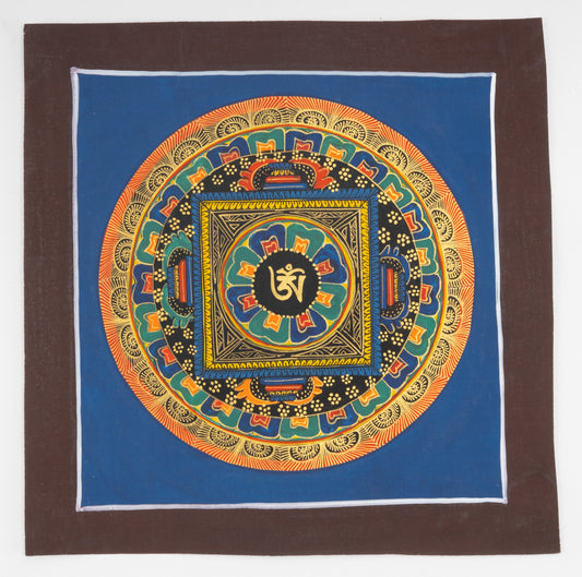 Handgemaltes Kalachakra-Mandala aus Nepal 20 x 20 cm auf handgemachter Canva Leinwand, gr. Lotusblüte mit einem Om Zeichen in der Mitte, blauer Hintergrund