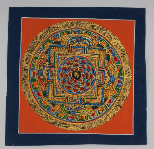 Handgemaltes Kalachakra-Mandala aus Nepal 20 x 20 cm auf handgemachter Canvas Leinwand, gr. Lotusblüte im Zentrum, orangener Hintergrund