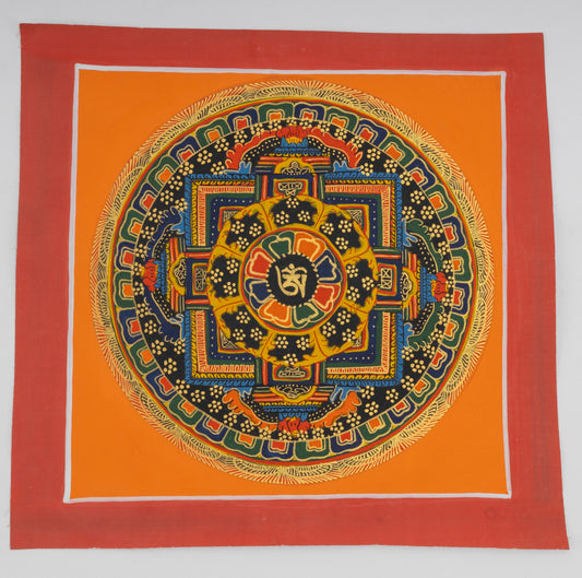 Handgemaltes Kalachakra-Mandala aus Nepal 20 x 20 cm auf handgemachter Canvas Leinwand, ein Om Zeichen in der Mitte, orangener Hintergrund